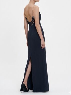 Vintage 90s Algo Evening Gown Black Low Open Back Gold Metallic Strap Sz 8